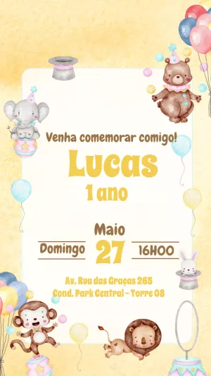 Convite Aniversário Circo Aquarela com Animais para Editar