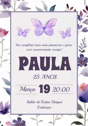 Convite Aniversário Flores e Borboletas Aquarela para Editar