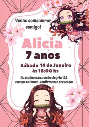 Convite Aniversário Demon Slayer Nezuko para Editar Online