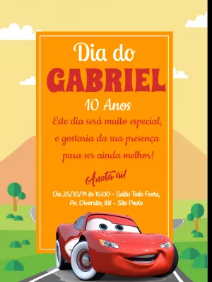 Convite de Aniversário Carros com Relâmpago McQueen para Editar