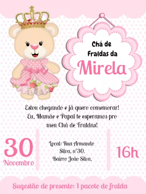 Convite Chá de Fraldas Ursinha Princesa para Editar Online