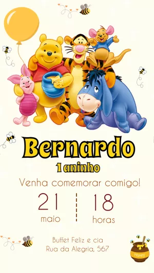 Convite de Aniversário Ursinho Pooh e Turma para Editar Online