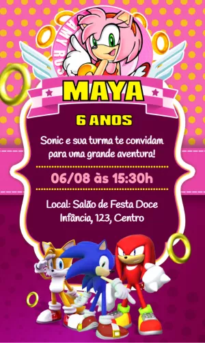 Convite de Aniversário Sonic e Amy Rose Editável Online