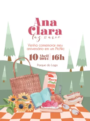 Convite de Aniversário Piquenique Ilustrado para Editar