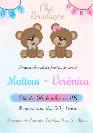 Convite Chá Revelação Ursinhos Rosa e Azul para Editar