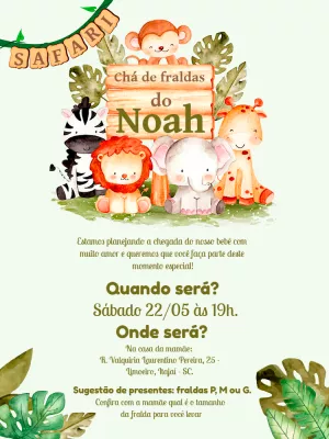 Convite Chá de Fraldas Safari com Animais para Editar Online