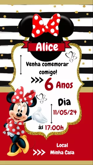 Convite de Aniversário Minnie Mouse Vermelha para Editar