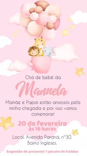 Convite Chá de Bebê Safari Rosa com Animais para Editar