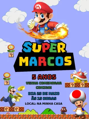 Convite Aniversário Super Mario Bros para Editar e Imprimir