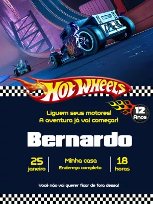 Convite de Aniversário Hot Wheels Editável para Enviar Online
