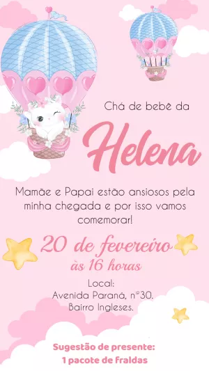 Convite Chá de Bebê Gatinha no Balão para Editar Online
