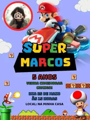 Convite Aniversário Super Mario com Foto para Editar Online