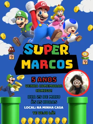 Convite de Aniversário Super Mario com Foto para Editar