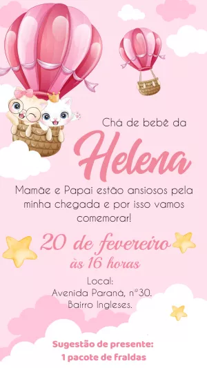 Convite Chá de Bebê Gatinhas no Balão para Editar Online