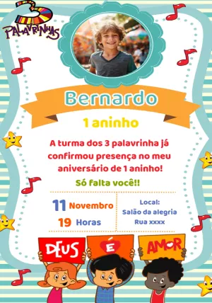 Convite Aniversário 3 Palavrinhas com Foto para Editar Online
