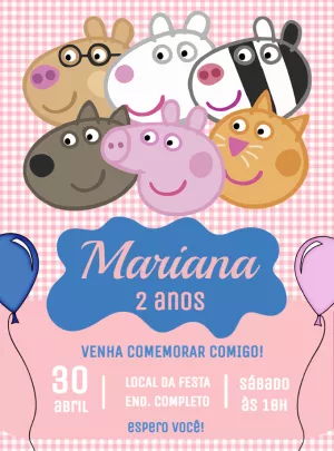 Convite de Aniversário Peppa Pig e Amigos para Editar Online