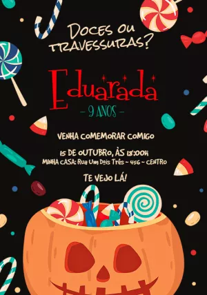 Convite Aniversário Halloween Doces ou Travessuras para Editar