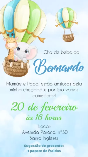 Convite Chá de Bebê Safari no Balão para Editar Online