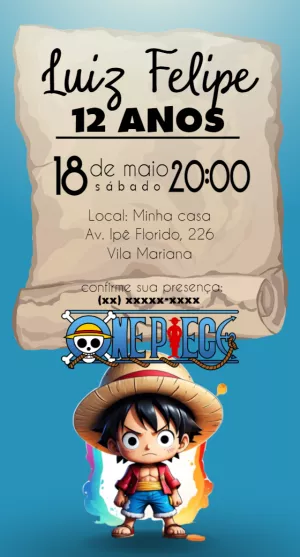 Convite de Aniversário One Piece com Luffy para Editar Online