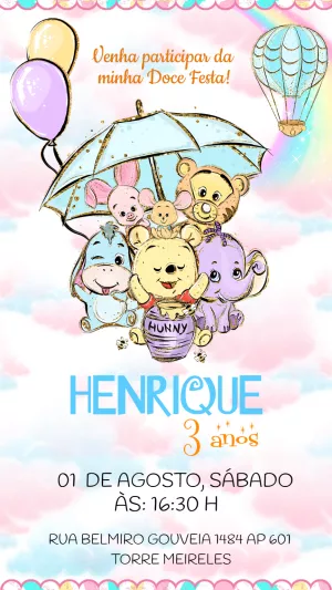 Convite Aniversário Ursinho Pooh Aquarela para Editar Online