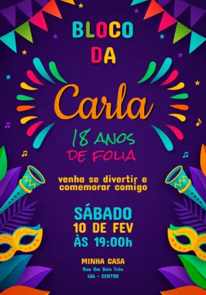 Convite de Aniversário Bloco de Carnaval Colorido para Editar