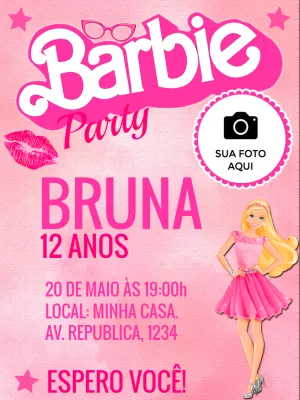 Convite Aniversário Barbie com Foto para Editar Online