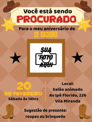 Convite de Aniversário Cowboy Procurado com Foto para Editar