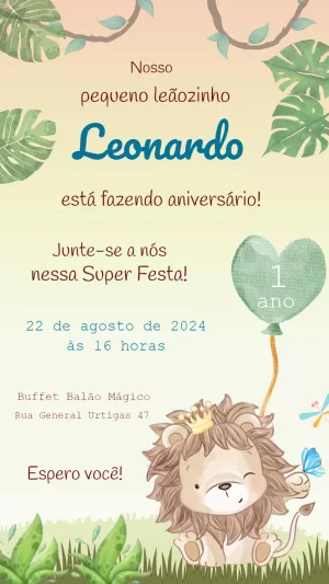 Convite Aniversário Leãozinho Aquarela para Editar Online