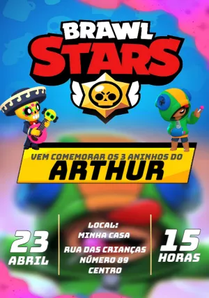 Convite Aniversário Brawl Stars com Personagens para Editar