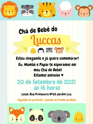 Convite Chá de Bebê Safari com Animais Fofos para Editar