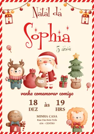 Convite Aniversário de Natal com Personagens Fofos para Editar