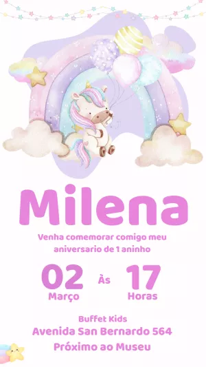 Convite de Aniversário Unicórnio Arco-Íris para Editar Online