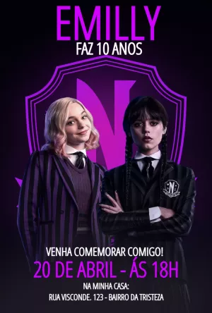 Convite Aniversário Wandinha Addams para Editar Online