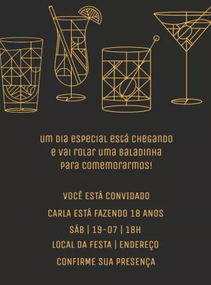 Convite de Aniversário Balada Drinks Dourados para Editar