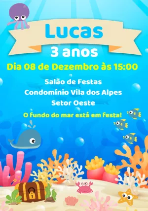 Convite Aniversário Fundo do Mar com Animais para Editar Online
