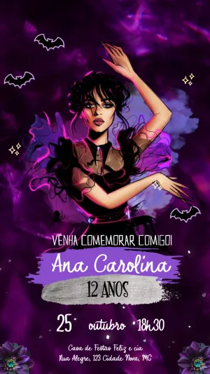 Convite Aniversário Wandinha Addams para Editar Online