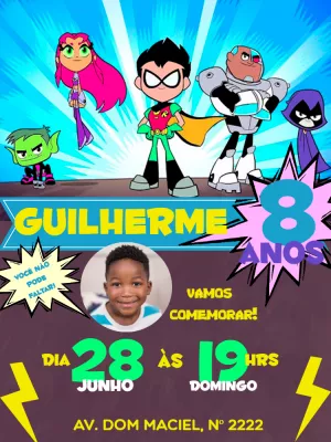 Convite de Aniversário Jovens Titãs em Ação Editável com Foto