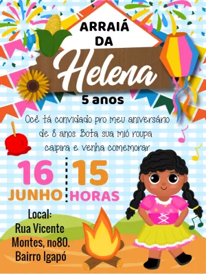 Convite Aniversário Festa Junina Menina para Editar Online