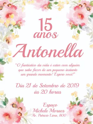 Convite de 15 Anos Floral Aquarela para Editar Online