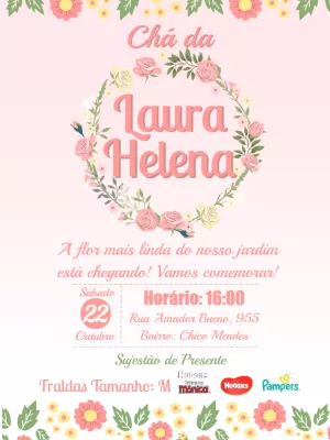 Convite Chá de Bebê Menina Floral Delicado para Editar
