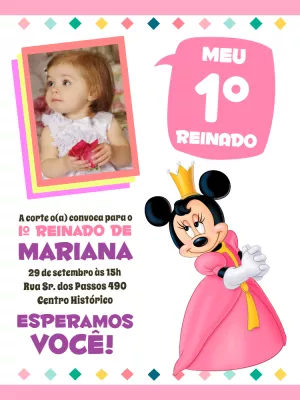 Convite Primeiro Reinado da Minnie com Foto para Editar Online