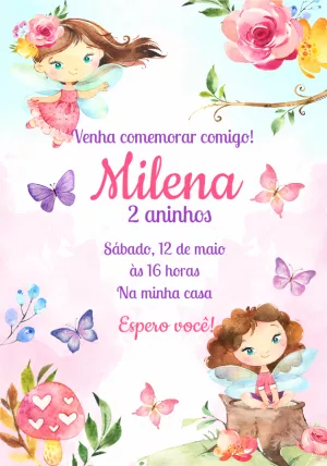 Convite de Aniversário Fadas Aquarela para Editar Online