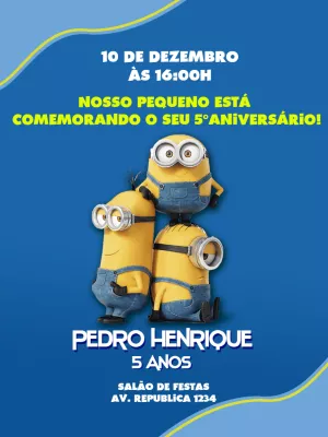 Convite de Aniversário Minions para Editar e Enviar Online
