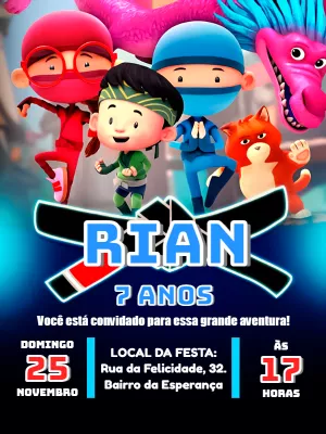 Convite Aniversário Tema Ninja Editável Online com Personagens