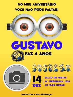 Convite de Aniversário Minions com Foto para Editar Online