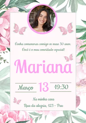 Convite Aniversário Borboleta Aquarela com Foto para Editar