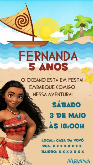 Convite de Aniversário Moana Editável Online para Imprimir