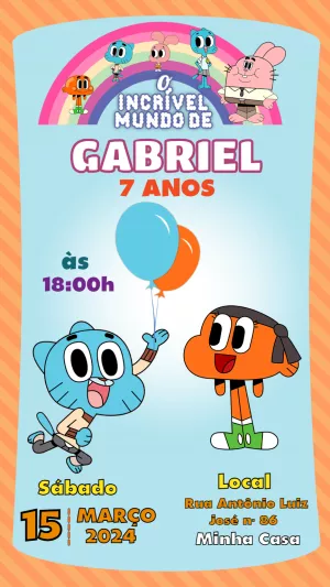 Convite Aniversário Gumball com Personagens para Editar Online