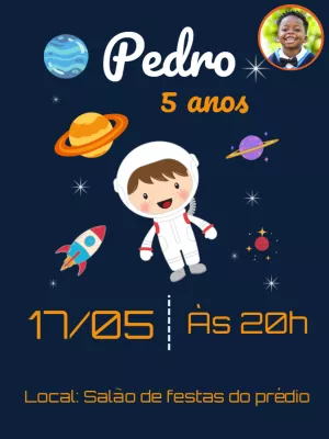 Convite de Aniversário Astronauta com Foto para Editar Online