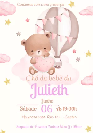 Convite Chá de Bebê Ursinha Baloeira Editável Online